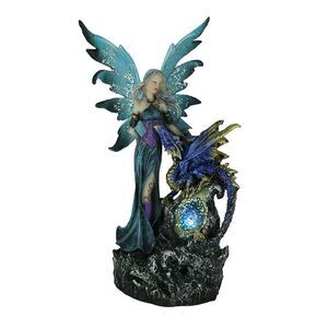 Sapphire Blue Fairy And Dragon LED Lighted Geode Statue